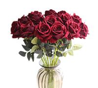 cn-Knight 12pcs Artificielle Rose en Soie Real Touch Blossom en Velours Fleur Bouquets de Faux Pour Mariage,Mariée et Demoiselles D'honneur,Bureau à Domicile Hôtel Décor, Fête,Table(Rouge Foncé)