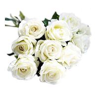 CN-Knight 6pcs Artificielle Rose en Soie Real Touch Blossom en Velours Fleur Bouquets de Faux pour Mariage,Mariée et Demoiselles d'honneur,Bureau à Domicile Hôtel Décor, Fête,Table(Blanc Crémeux)