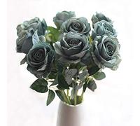 CN-Knight 6pcs Artificielle Rose en Soie Real Touch Blossom en Velours Fleur Bouquets de Faux pour Mariage,Mariée et Demoiselles d'honneur,Bureau à Domicile Hôtel Décor, Fête,Table(Stone Blue)