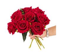 cn-Knight Lot de 12 roses artificielles en velours de 30,5 cm avec tige et feuilles, fleurs en velours pour décoration d'intérieur, centre de table, bouquets à faire soi-même, rouge