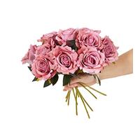 cn-Knight Lot de 12 roses artificielles en velours de 30,5 cm avec tige et feuilles, fleurs veloutées pour décoration d'intérieur, centre de table, bouquet à faire soi-même, rose poudré