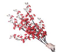 cn-Knight Lot de 3 tiges de fleurs artificielles soyeuses de 94 cm, type prunier chinois, abricotier japonais - Pour décoration d’intérieur, centre de table, réception, hôtel, restaurant (Rouge)