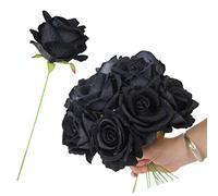 cn-Knight Lot de 50 roses artificielles en velours et soie avec tige en fil de fer - Pour bouquet de mariage, décoration d'intérieur, mur de fleurs, chapeau - Noir - 25,4 cm