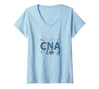 CNA Life : Le cœur des héros de la santé T-Shirt avec Col en V, Femme, Bleu Céleste, M