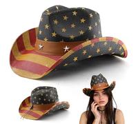 CNAFGBGG 1PC Paille Cowboy Chapeau, Hat de Cow-Boy de Drapeau américain taché thé Vintage, Casquette Cow-Girl Occidentale avec rassage formé pour Une Tenue rodéo, Costume fête, Retour à la ma