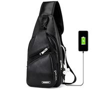 CNAFGBGG Sac à Dos de Sling 1PC, Sac à écharpe PU imperméable pour Hommes avec des Ports de Casque USB et Plusieurs Poches, Un Dos Corps croisé réglable pour Les Voyages randonnée en Plein air.