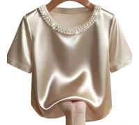 CNANRNANC Blouse Satinée Élégante avec Design de Perles pour Été(Apricot L)