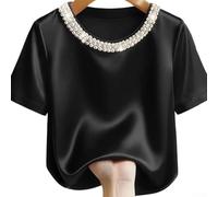 CNANRNANC Blouse Satinée Élégante avec Design de Perles pour Été(Black XXL)