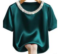 CNANRNANC Blouse Satinée Élégante avec Design de Perles pour Été(Green XXL)