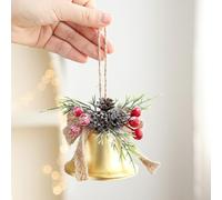 CNANRNANC Cloche de Noël avec pommes de pin et baies, décoration en métal de 7,5 cm pour arbres de Noël, portes et murs (doré)