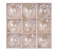 CNANRNANC Lot de 9 boules de Noël transparentes en PET avec motif peint et boucles de suspension pour décoration festive dans divers environnements intérieurs (blanc)