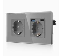 CNBINGO Double prise Schuko avec 2 ports USB (charge rapide de 20 W), 1 x (type C et USB-A), double prise Schuko en verre encastrée, avec sécurité enfant, grise