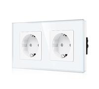 CNBINGO Double prise Schuko encastrée en verre - Blanc - Double prise Schuko avec sécurité enfant - Contact de protection 16 A - Prise murale avec cadre en verre