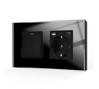 CNBINGO Interrupteur avec prise USB, prise Schuko en verre, encastré avec port USB et port de type C (3,1 A total), interrupteur à bascule, interrupteur à bouton noir, 1 compartiment, interrupteur 1