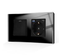 CNBINGO Interrupteur d'éclairage avec prise USB, prise Schuko en verre encastrée avec connexion USB et port Type C (3,1 Amp au total), interrupteur à bascule, interrupteur à bouton noir, 1-voie
