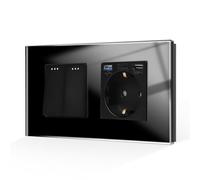 CNBINGO Interrupteur d'éclairage avec prise USB, prise Schuko en verre encastrée avec connexion USB et port de type C (3,1 ampères au total), interrupteur à bascule, interrupteur à bouton noir, double
