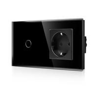 CNBINGO Interrupteur d'éclairage en verre et prise Schuko encastré - Interrupteur tactile avec statut LED - Interrupteur mural avec cadre en verre - 1 compartiment noir