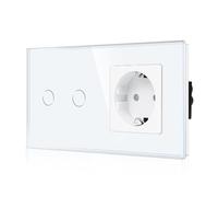 CNBINGO Interrupteur d'éclairage en verre et prise Schuko encastré - Interrupteur tactile avec statut LED - Interrupteur mural avec cadre en verre - 2 compartiments - Blanc