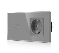 CNBINGO Interrupteur d'éclairage en verre et prise Schuko encastré - Interrupteur tactile avec statut LED - Interrupteur mural avec cadre en verre - 1 compartiment gris