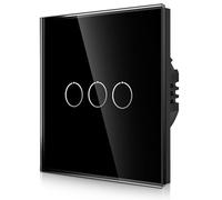 CNBINGO Interrupteur tactile encastré noir - Triple interrupteur mural avec LED d'état et panneau en verre - Pas de conducteur neutre nécessaire - Interrupteur tactile à 3 voies - 500 W/bouton