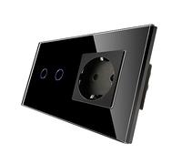 CNBINGO Interrupteur variateur avec prise Schuko encastrée - Interrupteur variateur pour lumières LED - Interrupteur tactile double en noir - Interrupteur mural avec cadre en verre et LED d'état neuf