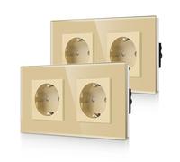 CNBINGO Lot de 2 prises doubles encastrées en verre doré - Double prise Schuko avec sécurité enfant - Contact de protection 16 A - Prise murale avec cadre en verre