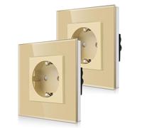 CNBINGO Lot de 2 prises simples encastrées en verre doré - Prise Schuko simple avec sécurité enfant - Contact de protection 16 A - Prise murale avec cadre en verre