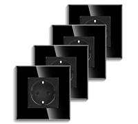 CNBINGO Lot de 4 prises simples encastrées en verre noir - Prise Schuko simple avec sécurité enfant - Contact de protection 16 A - Prise murale avec cadre en verre