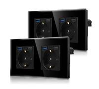 CNBINGO Pack de 2 Double Prise avec 4 x Ports USB Chargement Rapide - 2 x (Type C et USB-A Total Max. 3,1 Amp) - Prise Schuko Double Verre Encastrée - Prise Murale Noire avec Sécurité Enfant