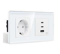 CNBINGO Prise avec 3× connexion USB (charge rapide 65W) - 2× Type-C et 1× USB-A - Double prise en verre Schuko encastrée - Prise murale blanche avec verrouillage pour enfants