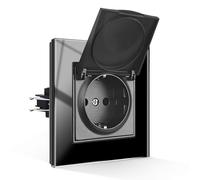 CNBINGO Prise étanche avec couvercle à rabat - Prise Schuko encastrée avec griffes - Prise simple avec couvercle - Contact de protection - Prise murale en verre noir - 1 compartiment - 16 A - 250 V