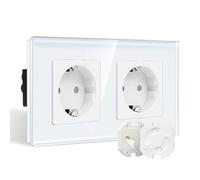 CNBINGO Prise murale double en verre avec protection pour enfants à mécanisme rotatif - Prise Schuko double - Prise murale avec protection contre les contacts avec appareils électriques et cadre en