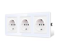 CNBINGO Prise Schuko avec griffes - Triple prise murale avec plaque en verre incurvé 2,5D - Prise standard UE 16 A encastrée avec sécurité enfant - 3 prises blanches