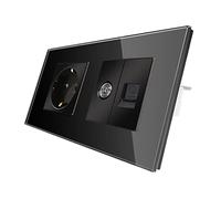 CNBINGO Prise Schuko simple encastrée en verre, avec combinaison CAT6 réseau TV, avec cadre en verre, noire