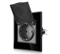 CNBINGO Prise simple étanche avec couvercle - Prise Schuko avec griffes - Prise murale simple avec plaque en verre - Standard UE - Prise encastrée avec couvercle à charnière - 1 compartiment - Noir