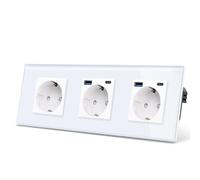 CNBINGO Prise Triple en Verre Avec 4 Ports USB - 2 x (Type C et Type A 20 W) - Schuko Encastrée Blanche - Contact de Protection - Murale Avec Cadre