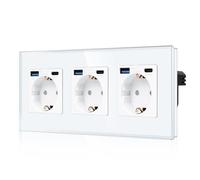 CNBINGO Triple prise Schuko avec 6 ports USB (charge rapide de 20 W), 3 (type C et USB-A), triple prise Schuko en verre encastrée, avec sécurité enfant, blanche