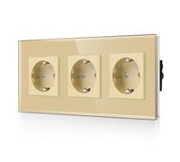 CNBINGO Triple prise Schuko encastrée en verre doré - Triple prise Schuko avec sécurité enfant - Contact de protection 16 A - Prise murale avec cadre en verre