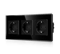CNBINGO Triple prise Schuko encastrée en verre noir - Triple prise Schuko avec sécurité enfant - Contact de protection 16 A - Prise murale avec cadre en verre
