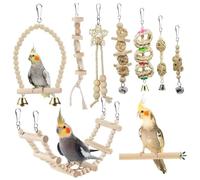 Cndiyald Ensemble de Jouets pour perroquets en Bois avec balançoire et échelle, Accessoires de Cage à Oiseaux 9 pièces pour calopsittes et perruches