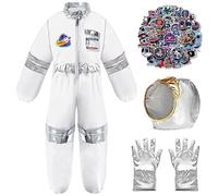 Cnexmin Deguisement Astronaute Enfant Garçon Fille avec Astronaute Casque Astronaute Gants Astronaute Autocollants Espace Astronaute Costume Cosplay Halloween Carnival Sticker,Blanc02 M