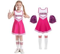Cnexmin Deguisement Cheerleader Costume Cheerleader Pour Filles Uniforme De Pom-Pom Girl Cosplay Costume Avec Pompoms Manches Costume Cheer Leader Halloween Carnaval Mascarade 12-13Ans, Rose 170cm