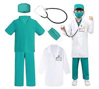 Cnexmin Deguisement Medecin Enfant Costume de Chirurgien Enfant avec Stéthoscope Blouse Blanche Docteur Jeu de Rôle pour Garçon Fille Carnaval Halloween 3-4 Ans Vert/110