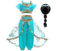 Cnexmin Deguisement Princesse Jasmine Fille Robe de Aladdin Princesse Jasmine pour Enfant Filles Costume Anniversaire Noël Halloween Partie Carnaval Cosplay Robe de Soirée pour Perruques 5-6Ans/130