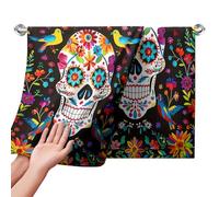 Cneztholim Lot de 3 essuie-mains Jour des morts Tête de mort mexicaine Torchon de cuisine Halloween Squelette Floral Serviettes de salle de bain douces et absorbantes avec oiseaux pour décoration