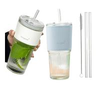 CNKHDZ Lot de 2 gobelets en verre nervurés de 600 ml, avec couvercle et paille, pour café glacé, long drink, smoothie, design hermétique et étanche, idéal comme café (2, couleur transparente)