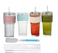 CNKHDZ Lot de 4 gobelets en verre nervurés de 600 ml avec couvercle et paille - Pour café glacé - Verres à long drink - Design hermétique et étanche - Idéal comme café (4, couleur transparente)