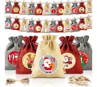 CNMTCCO Calendrier de l'Avent 24 pièces à remplir, calendrier de Noël 2025 Sacs en jute 18 x 13 cm, sacs pour calendrier de l'Avent pour enfants, sacs cadeaux pour Noël avec motifs individuels