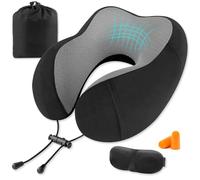 CNMTCCO Coussin de Voyage, Réglable Oreiller de Voyage Mousse à Mémoire de Forme, Tour de Cou Avion avec Bouchons d'oreilles, Masque pour Les Yeux et étui deTransport pour Voyage, Avion, Voiture(Noir)