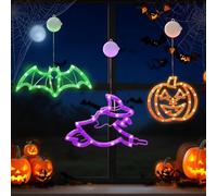 CNMTCCO Décorations d'Halloween, citrouilles orange, chauve-souris vertes et sorcières violettes avec minuterie, lumières de fenêtre d'Halloween avec ventouses, lumières intérieures à piles pour